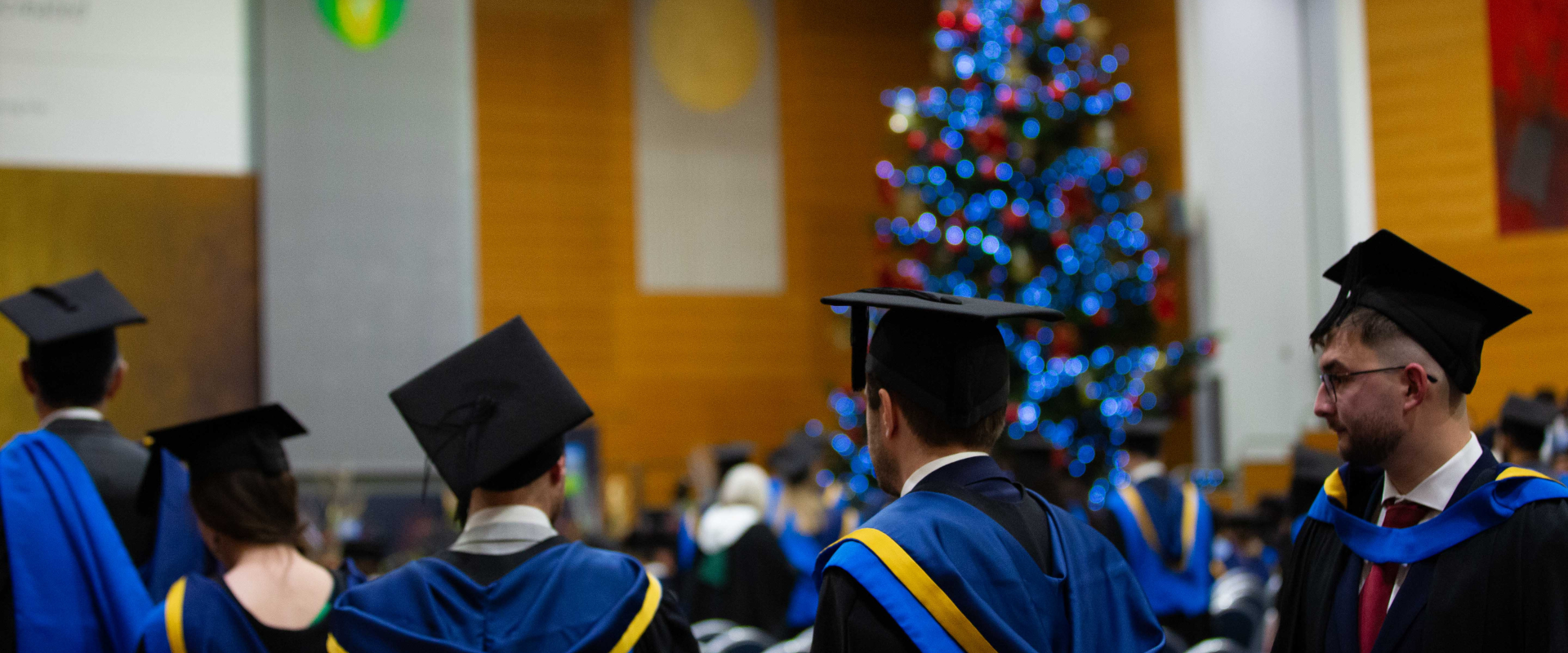 New UCD alumni in O'Reilly Hall being conferred with a lit up Christmas tree in the background